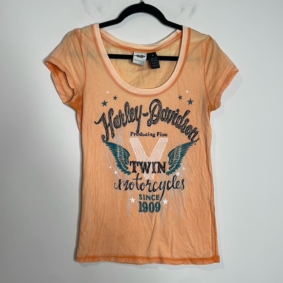 SOLD Harley-Davidson | Women’s Orange Short Sleeve Burnout Tshirt Size M - Picture 1 of 4